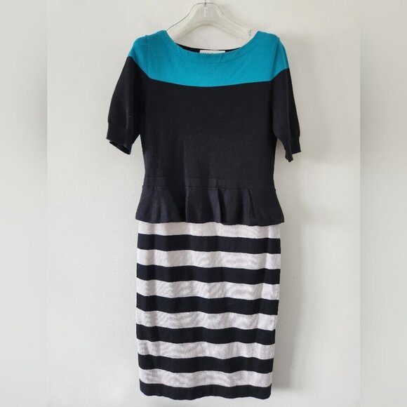 *SOLD* KAREN MILLEN | Peplum Dress Stripes Black Teal Sz 4 - Picture 2 of 5
